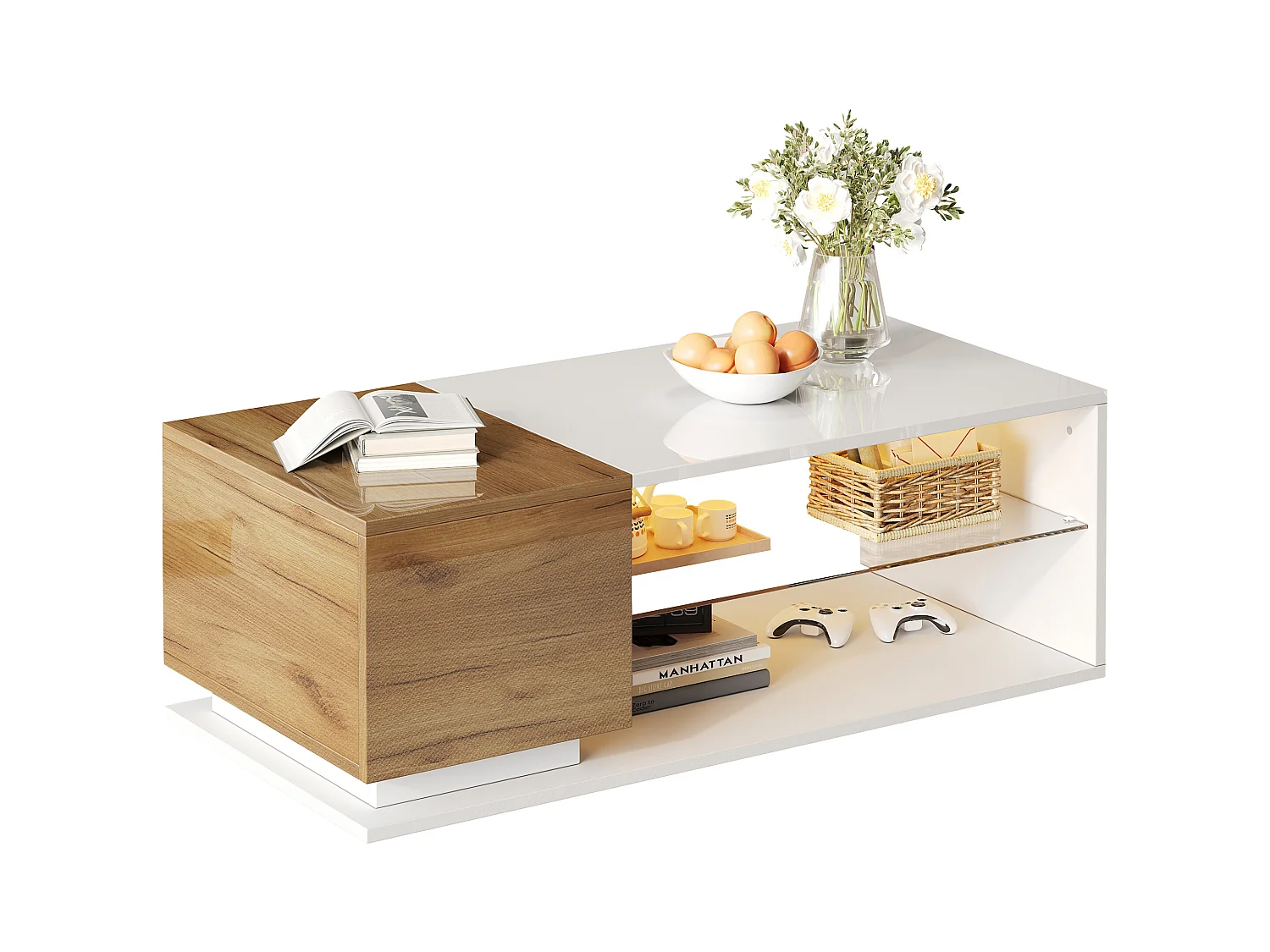 Table basse de salon - 105 x 50 x 36 cm - avec Leds + 1 porte + rangements - aggloméré - blanc