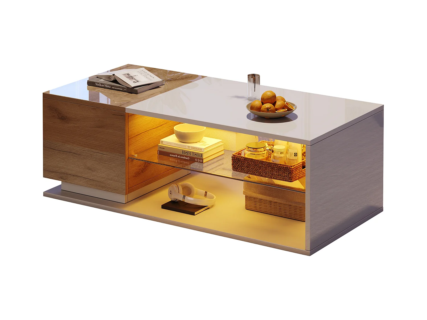 Table basse de salon - 105 x 50 x 36 cm - avec Leds + 1 porte + rangements - aggloméré - blanc