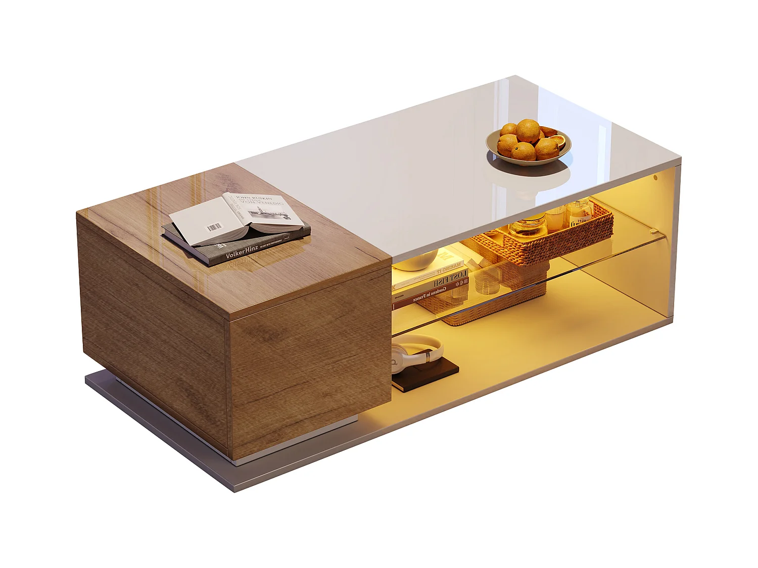 Table basse de salon - 105 x 50 x 36 cm - avec Leds + 1 porte + rangements - aggloméré - blanc