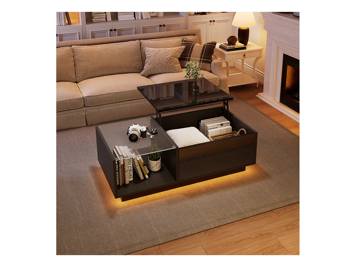 Table basse réglable - 100 x 50 x 33 cm - avec Leds + rangement caché + étagère - aggloméré - noir