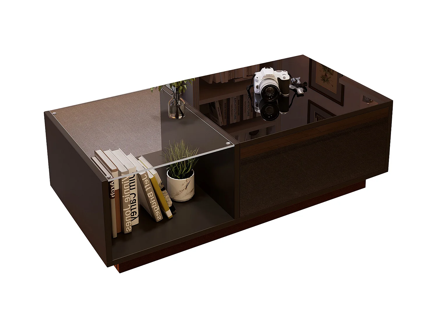 Table basse réglable - 100 x 50 x 33 cm - avec Leds + rangement caché + étagère - aggloméré - noir