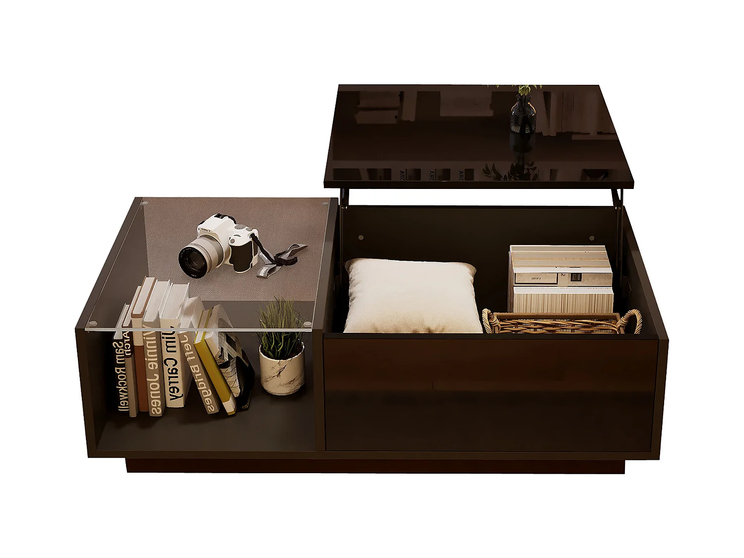 Table basse réglable - 100 x 50 x 33 cm - avec Leds + rangement caché + étagère - aggloméré - noir