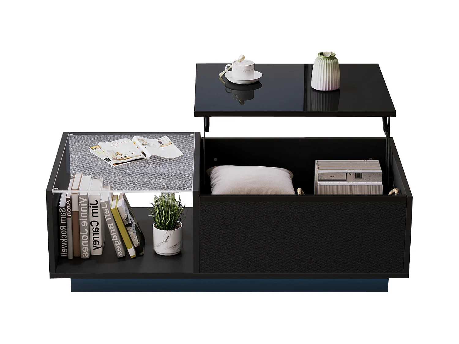 Table basse réglable - 100 x 50 x 33 cm - avec Leds + rangement caché + étagère - aggloméré - noir