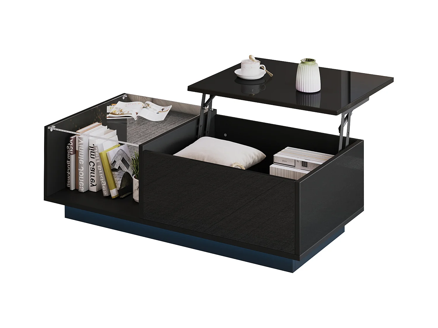 Table basse réglable - 100 x 50 x 33 cm - avec Leds + rangement caché + étagère - aggloméré - noir