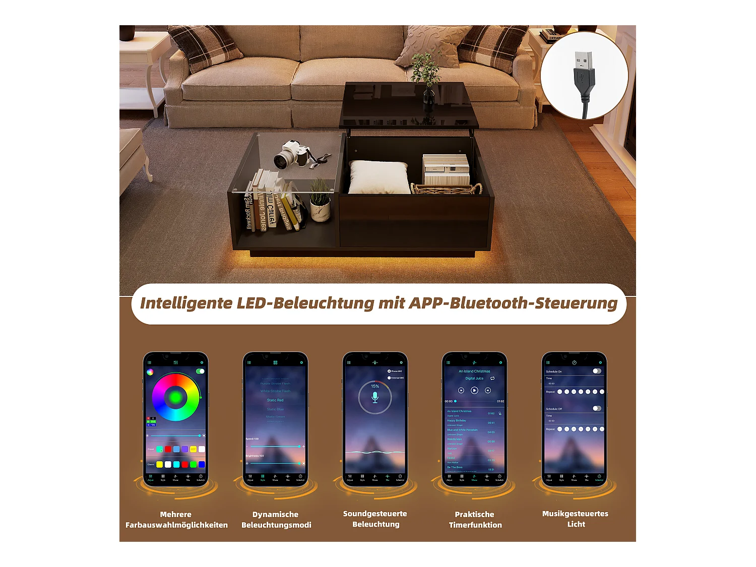 Table basse réglable - 100 x 50 x 33 cm - avec Leds + rangement caché + étagère - aggloméré - noir