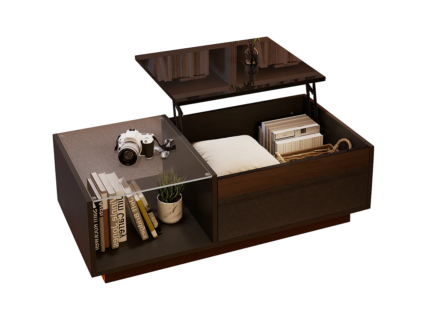 Table basse réglable - 100 x 50 x 33 cm - avec Leds + rangement caché + étagère - aggloméré - noir