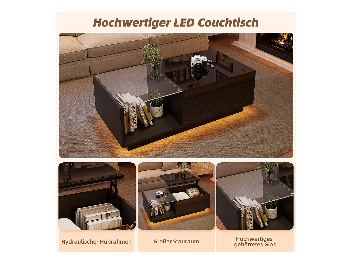 Table basse réglable - 100 x 50 x 33 cm - avec Leds + rangement caché + étagère - aggloméré - noir