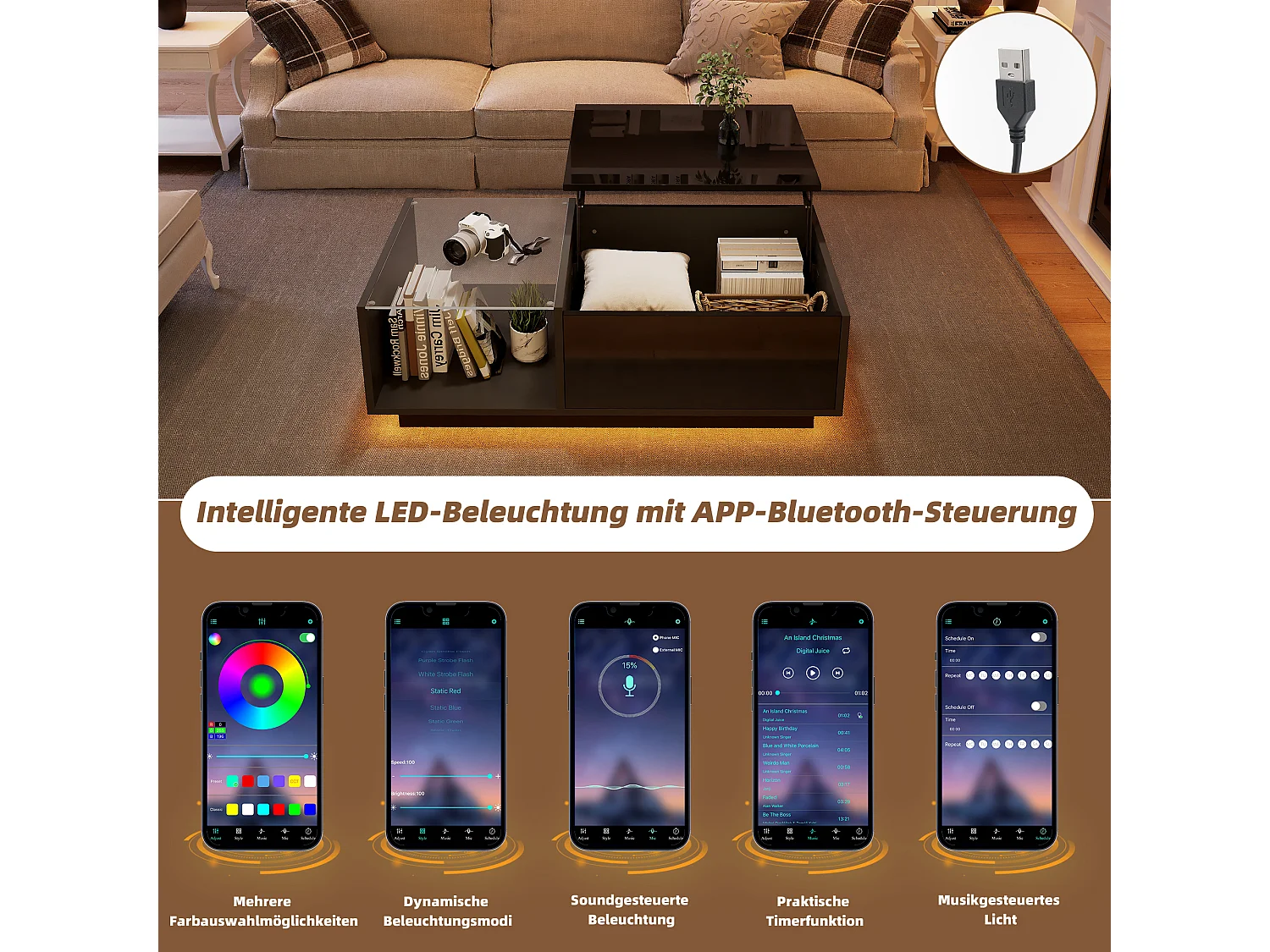 Table basse réglable - 100 x 50 x 33 cm - avec Leds + rangement caché + étagère - aggloméré - noir