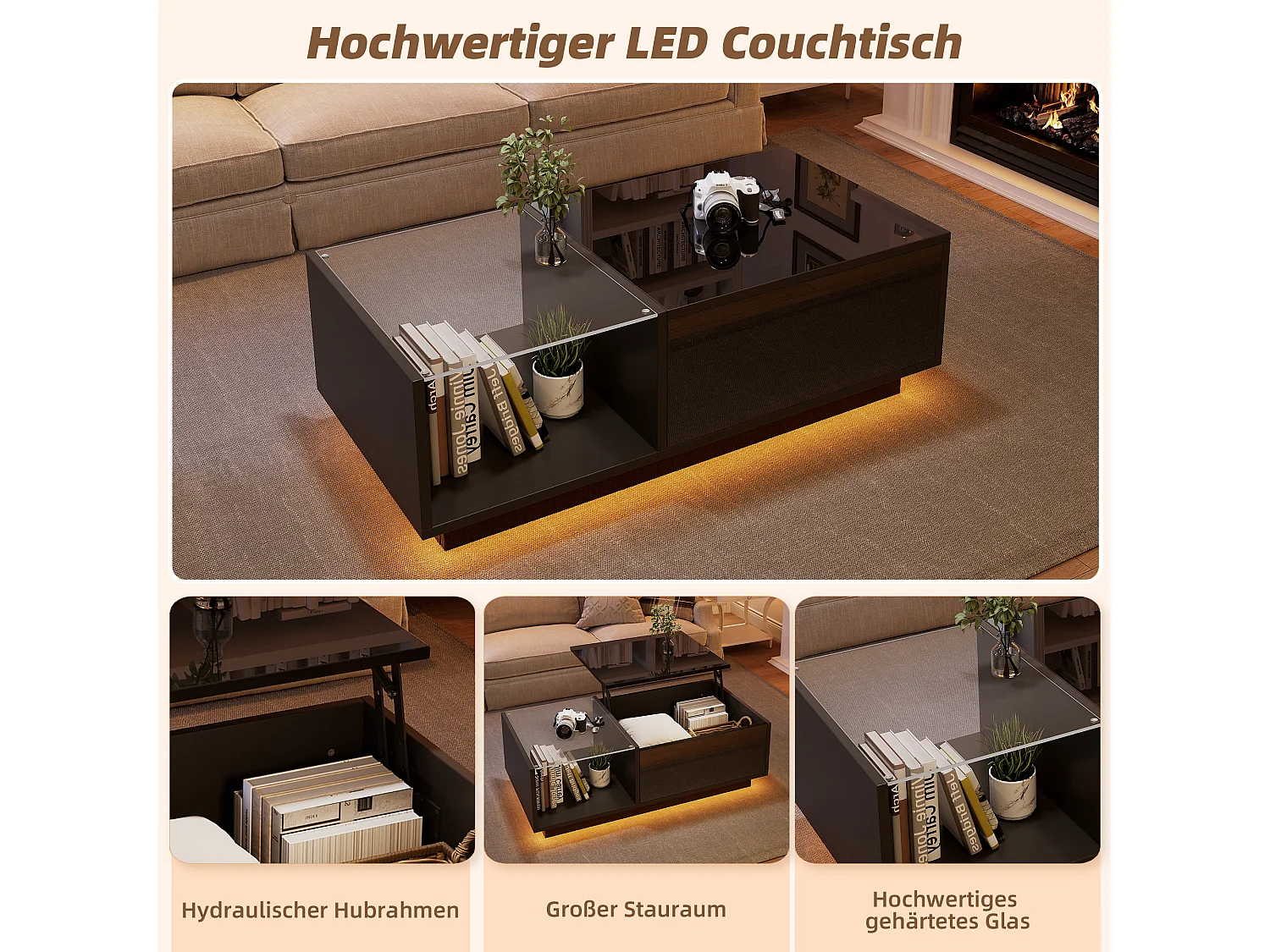 Table basse réglable - 100 x 50 x 33 cm - avec Leds + rangement caché + étagère - aggloméré - noir