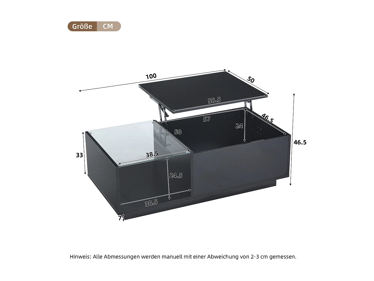 Table basse réglable - 100 x 50 x 33 cm - avec Leds + rangement caché + étagère - aggloméré - noir