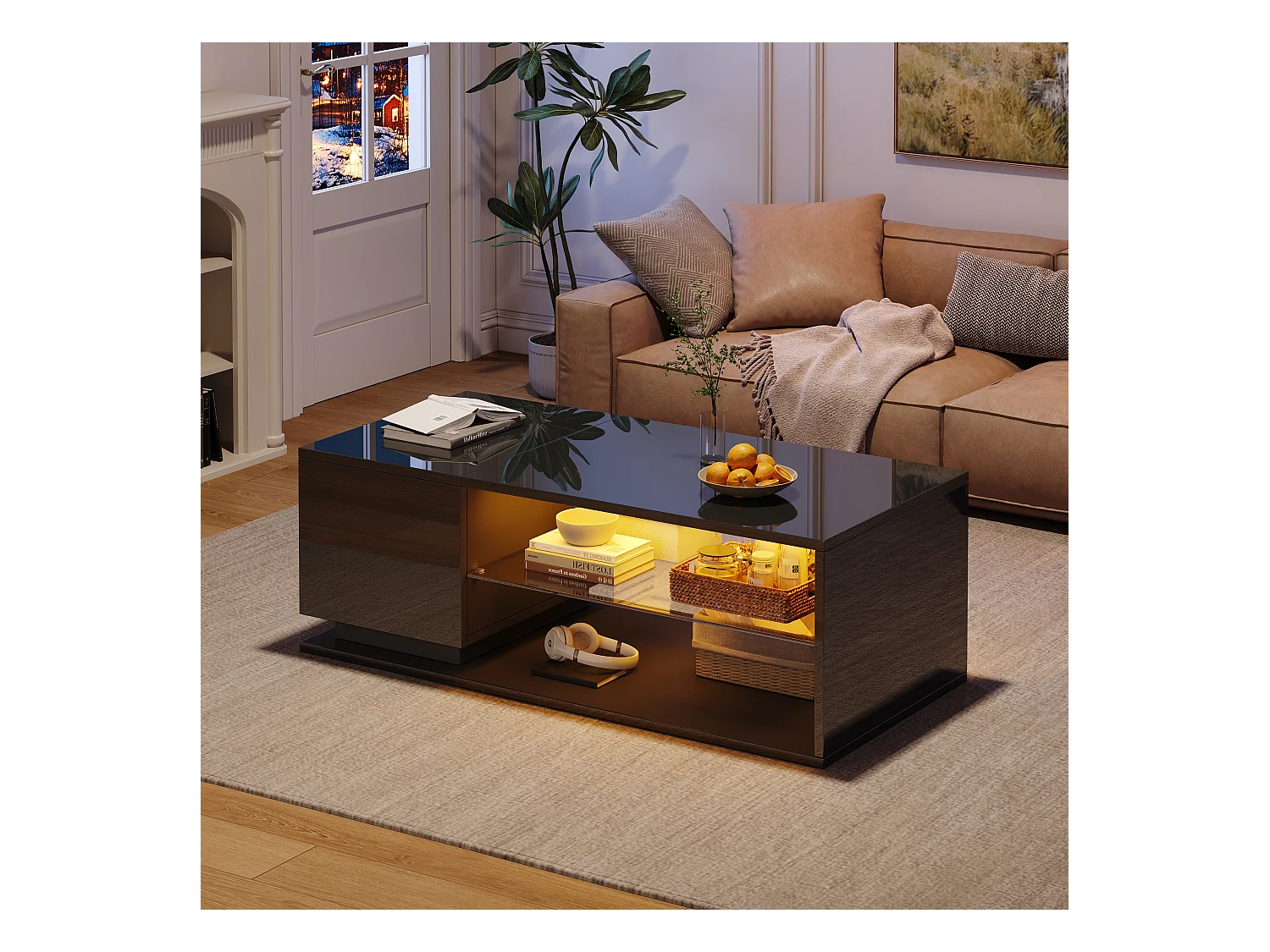 Table basse de salon - 105 x 50 x 36 cm - avec Leds + 1 porte + rangements - aggloméré - noir