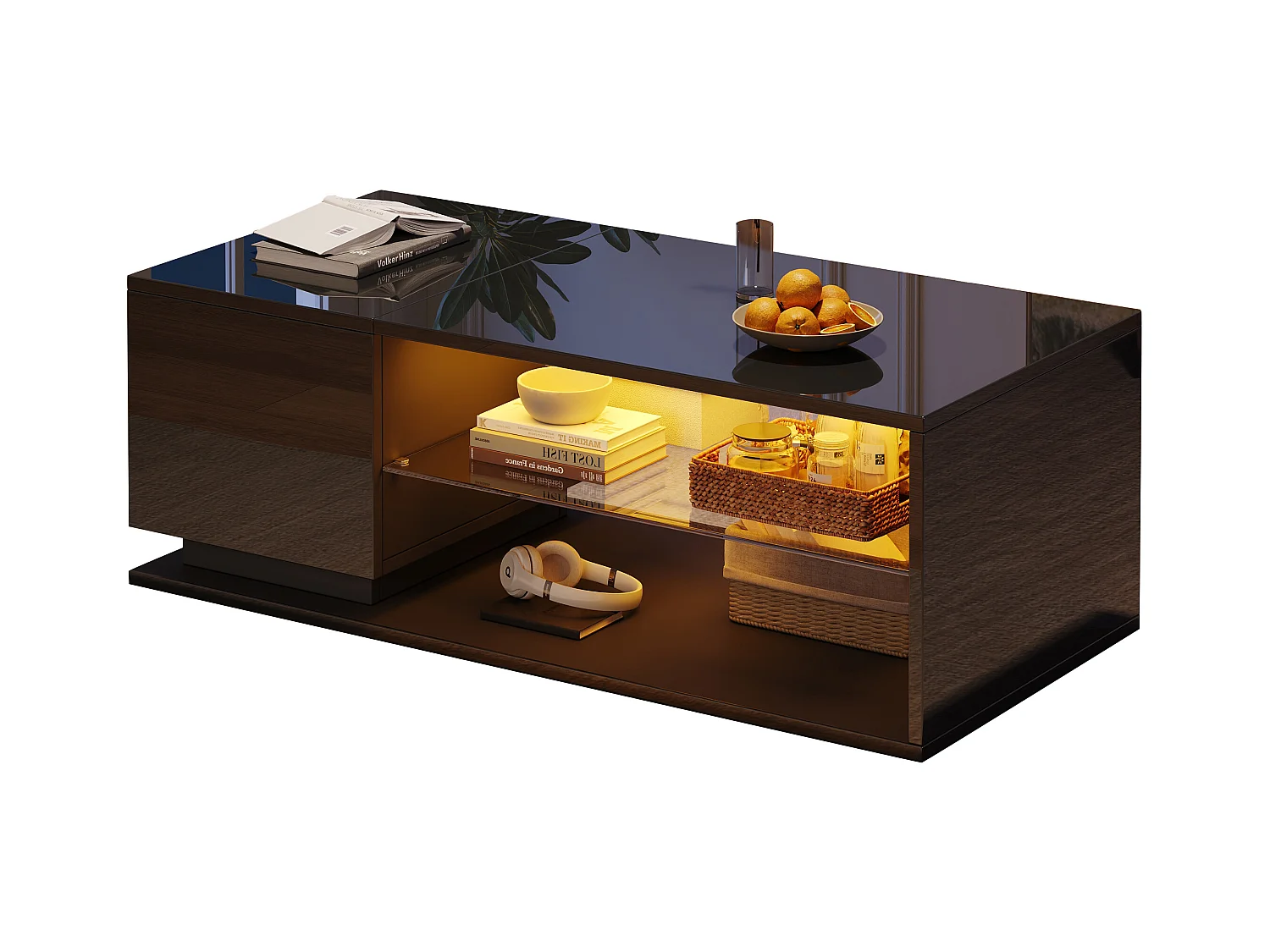 Table basse de salon - 105 x 50 x 36 cm - avec Leds + 1 porte + rangements - aggloméré - noir