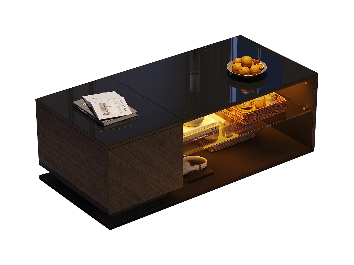 Table basse de salon - 105 x 50 x 36 cm - avec Leds + 1 porte + rangements - aggloméré - noir