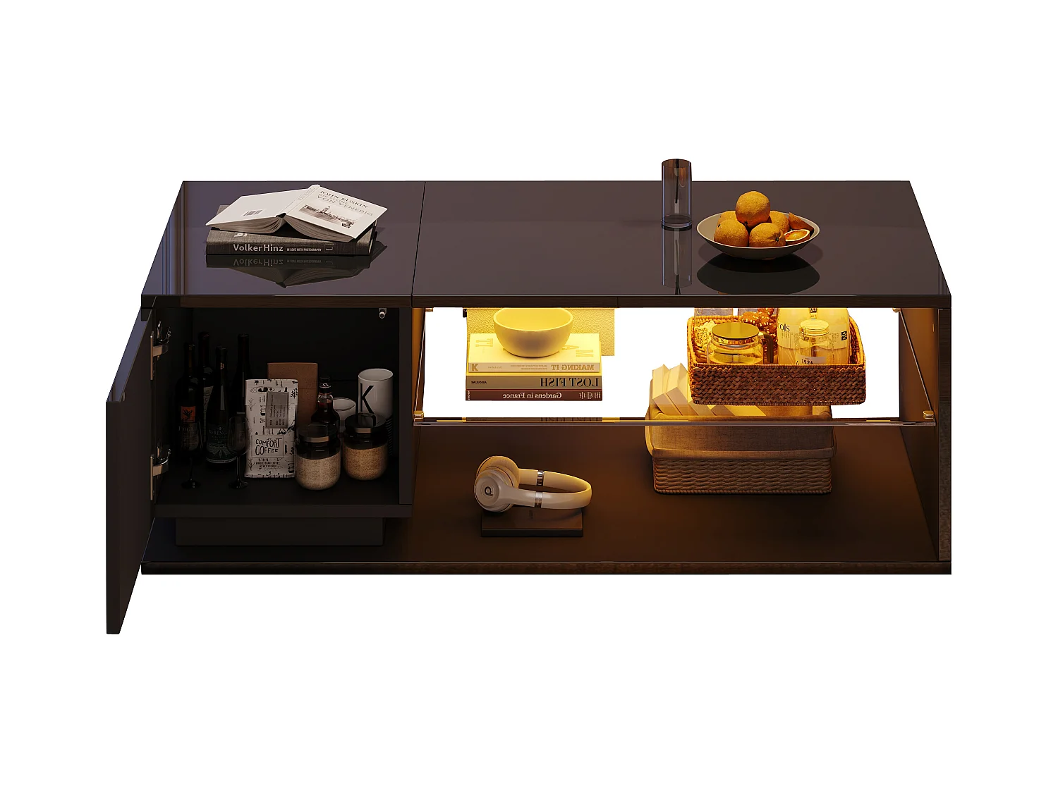 Table basse de salon - 105 x 50 x 36 cm - avec Leds + 1 porte + rangements - aggloméré - noir