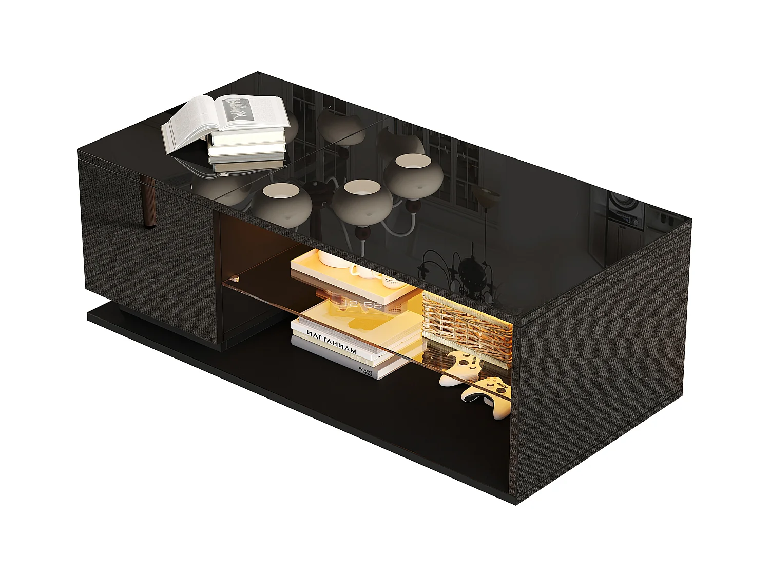Table basse de salon - 105 x 50 x 36 cm - avec Leds + 1 porte + rangements - aggloméré - noir