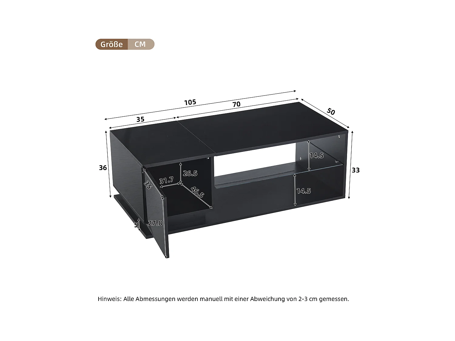 Table basse de salon - 105 x 50 x 36 cm - avec Leds + 1 porte + rangements - aggloméré - noir