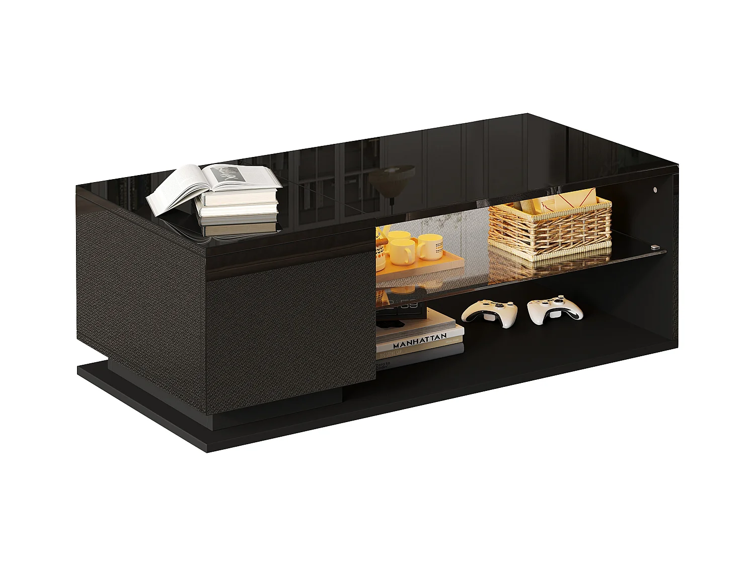 Table basse de salon - 105 x 50 x 36 cm - avec Leds + 1 porte + rangements - aggloméré - noir