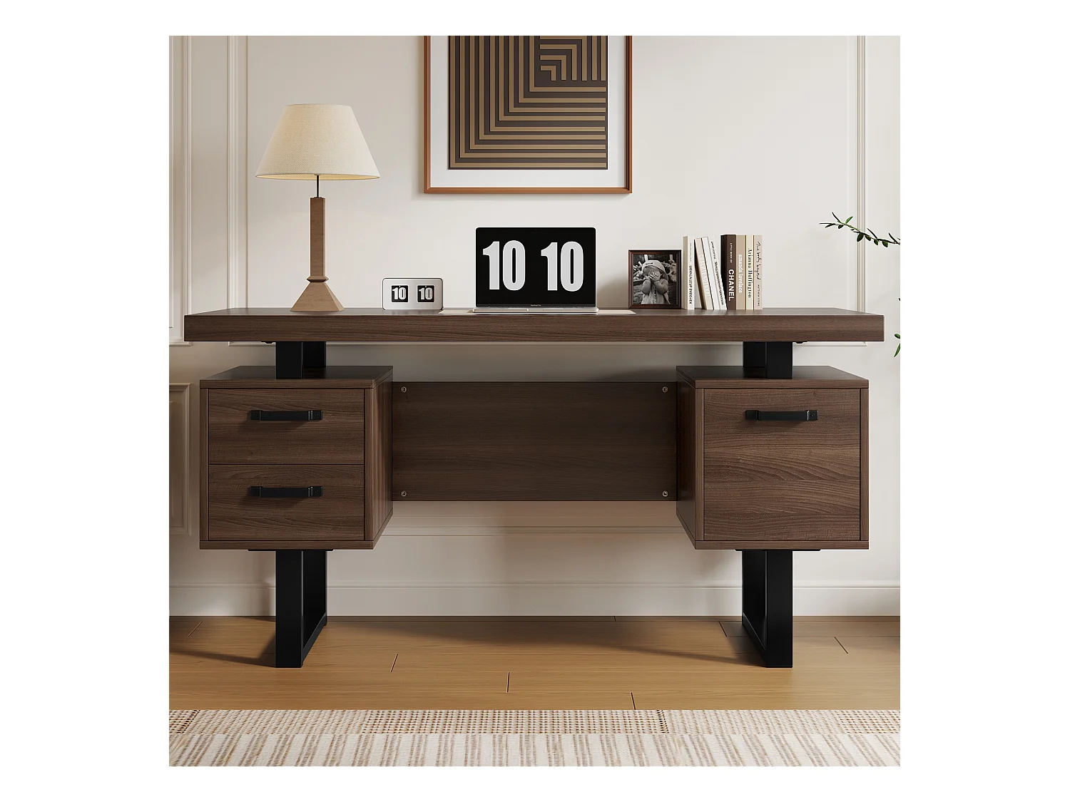 Bureau simple - 135 x 54 x 76 cm - avec 3 tiroirs silencieux - résistant aux éclaboussures - MDF + Métal - marron