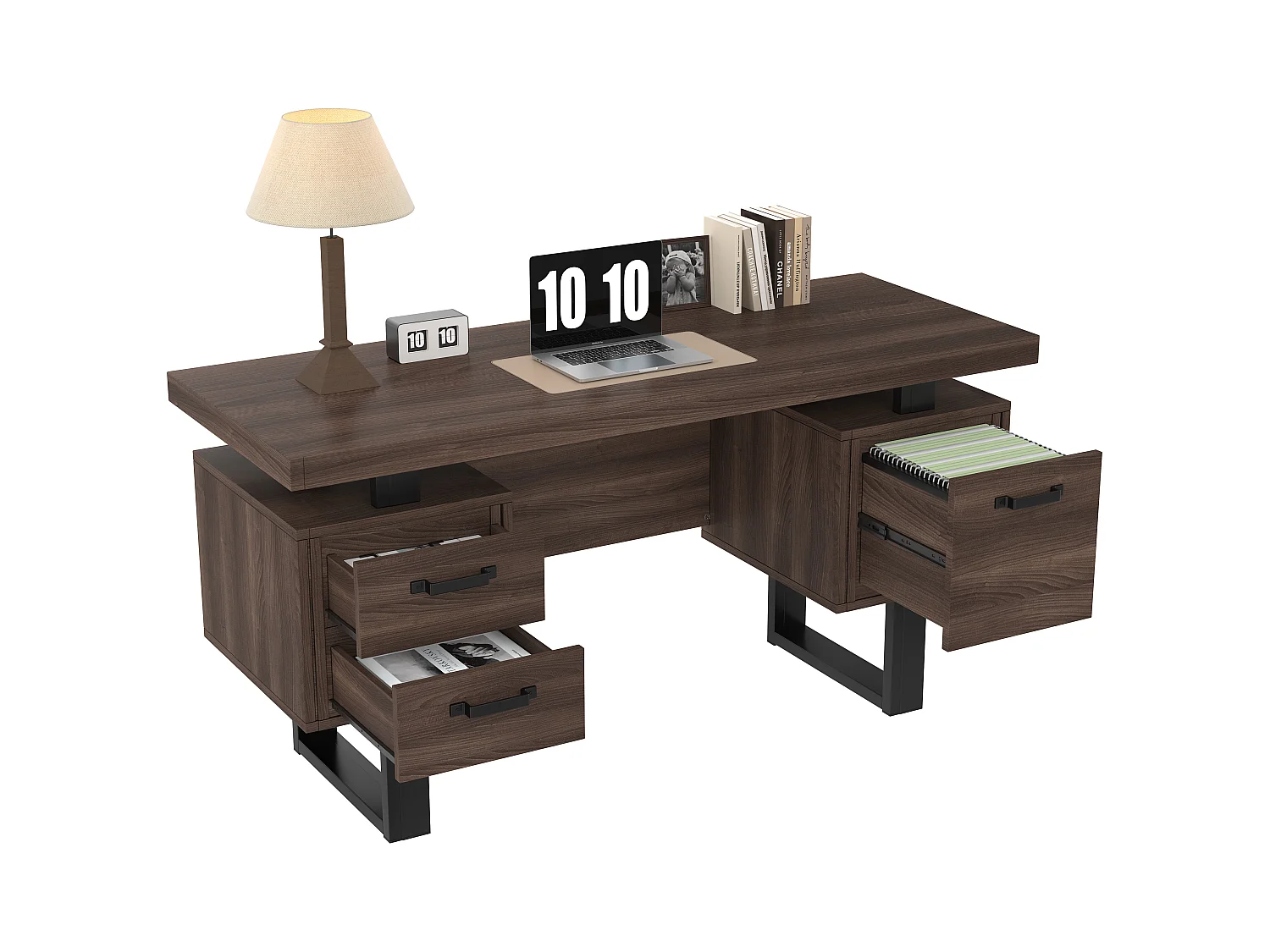 Bureau simple - 135 x 54 x 76 cm - avec 3 tiroirs silencieux - résistant aux éclaboussures - MDF + Métal - marron