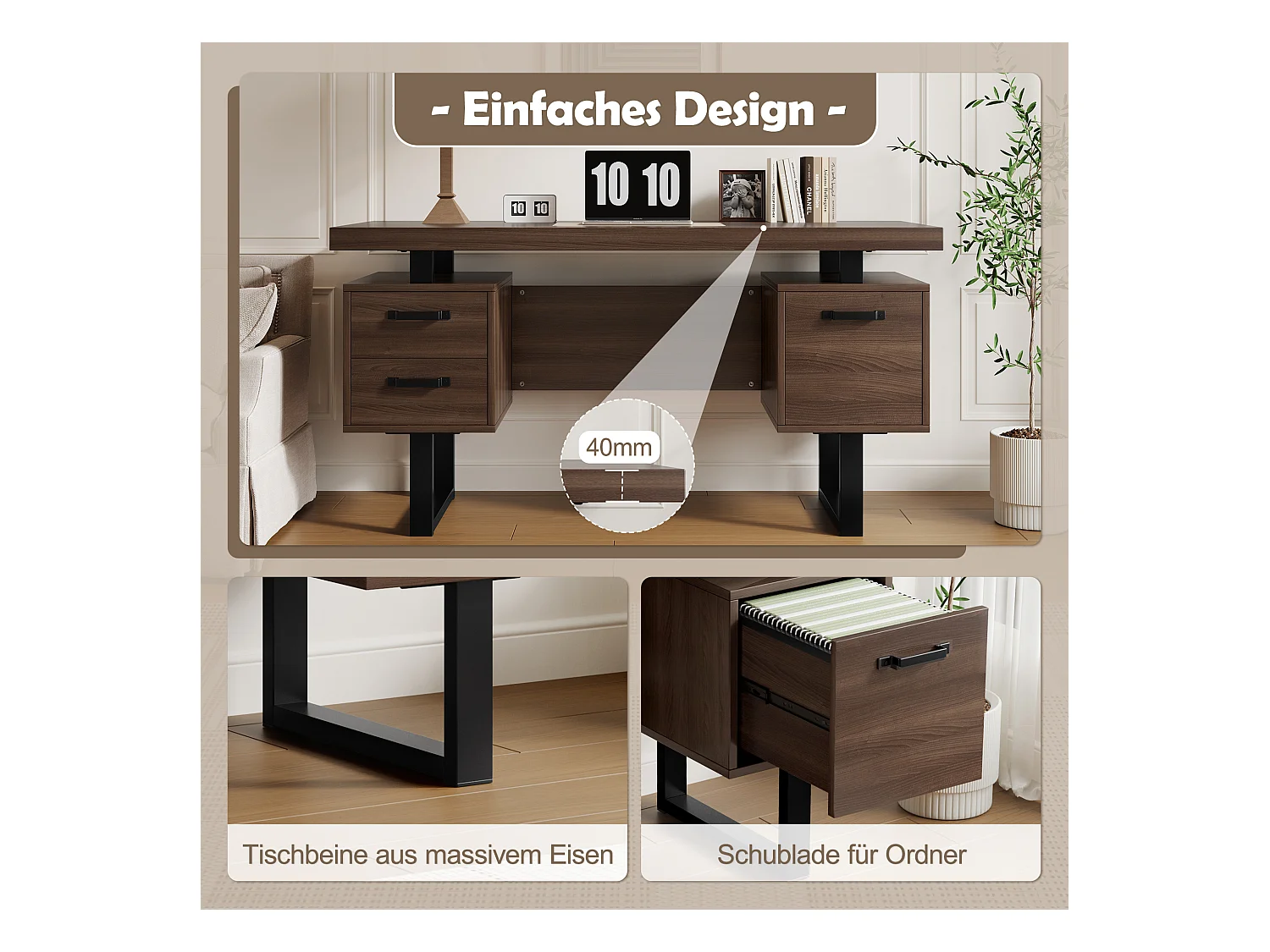 Bureau simple - 135 x 54 x 76 cm - avec 3 tiroirs silencieux - résistant aux éclaboussures - MDF + Métal - marron