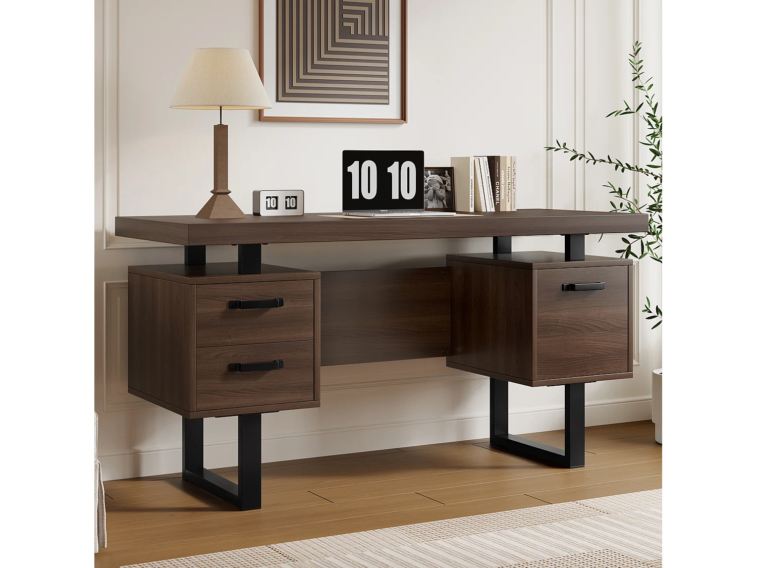 Bureau simple - 135 x 54 x 76 cm - avec 3 tiroirs silencieux - résistant aux éclaboussures - MDF + Métal - marron