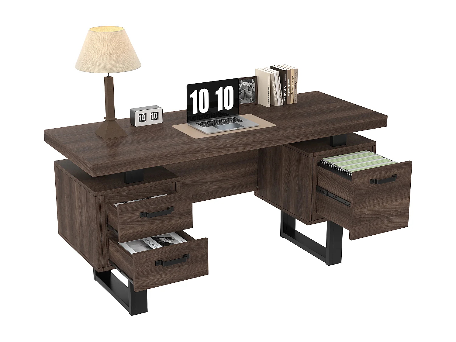 Bureau simple - 135 x 54 x 76 cm - avec 3 tiroirs silencieux - résistant aux éclaboussures - MDF + Métal - marron