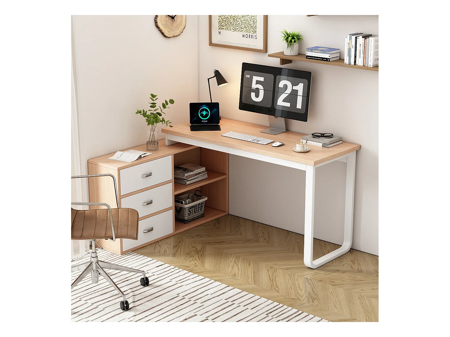 Bureau simple - 147 x 100 x 75 cn - avec 3 tiroirs + 2 rangements ouverts - MDF + Métal - naturel