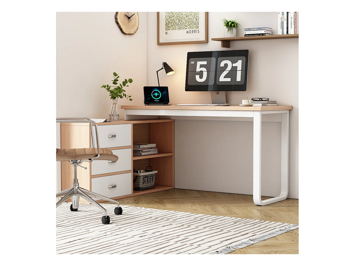 Bureau simple - 147 x 100 x 75 cn - avec 3 tiroirs + 2 rangements ouverts - MDF + Métal - naturel