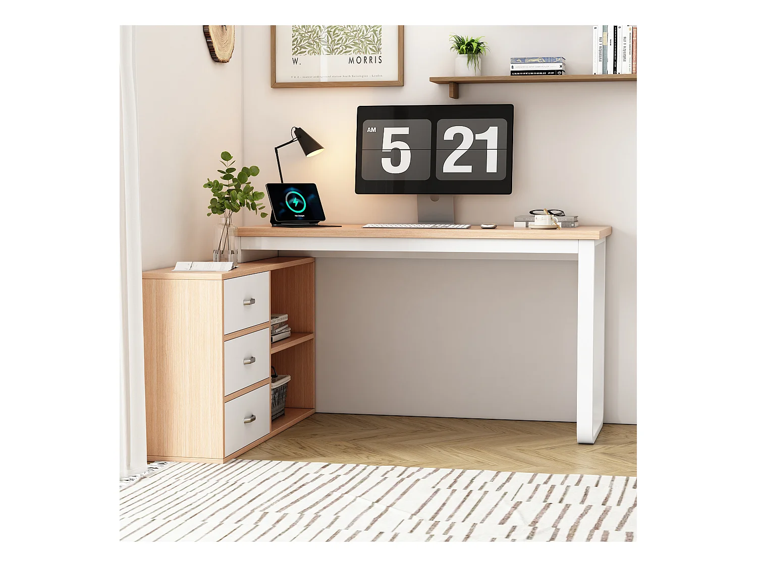 Bureau simple - 147 x 100 x 75 cn - avec 3 tiroirs + 2 rangements ouverts - MDF + Métal - naturel