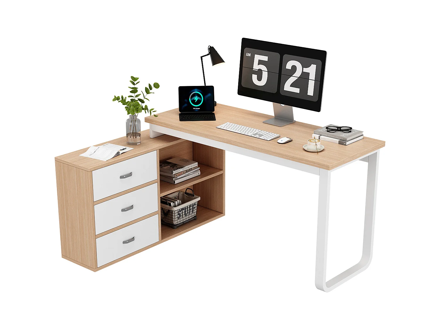 Bureau simple - 147 x 100 x 75 cn - avec 3 tiroirs + 2 rangements ouverts - MDF + Métal - naturel