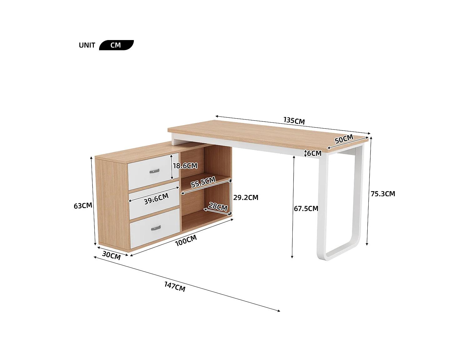 Bureau simple - 147 x 100 x 75 cn - avec 3 tiroirs + 2 rangements ouverts - MDF + Métal - naturel