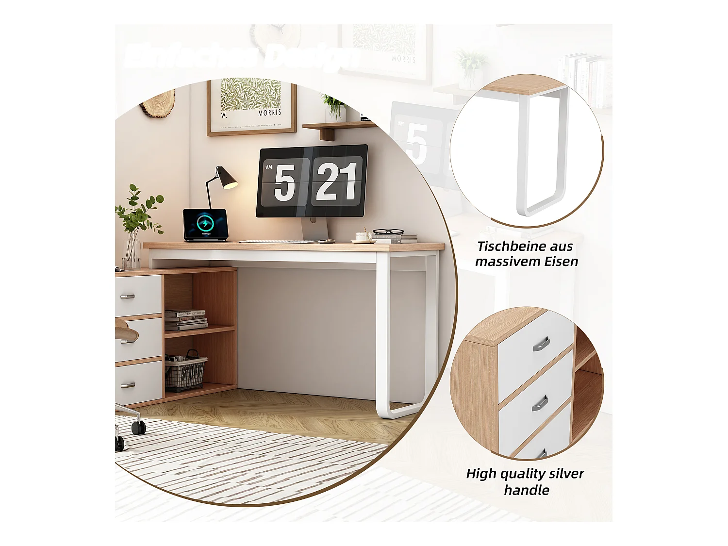 Bureau simple - 147 x 100 x 75 cn - avec 3 tiroirs + 2 rangements ouverts - MDF + Métal - naturel