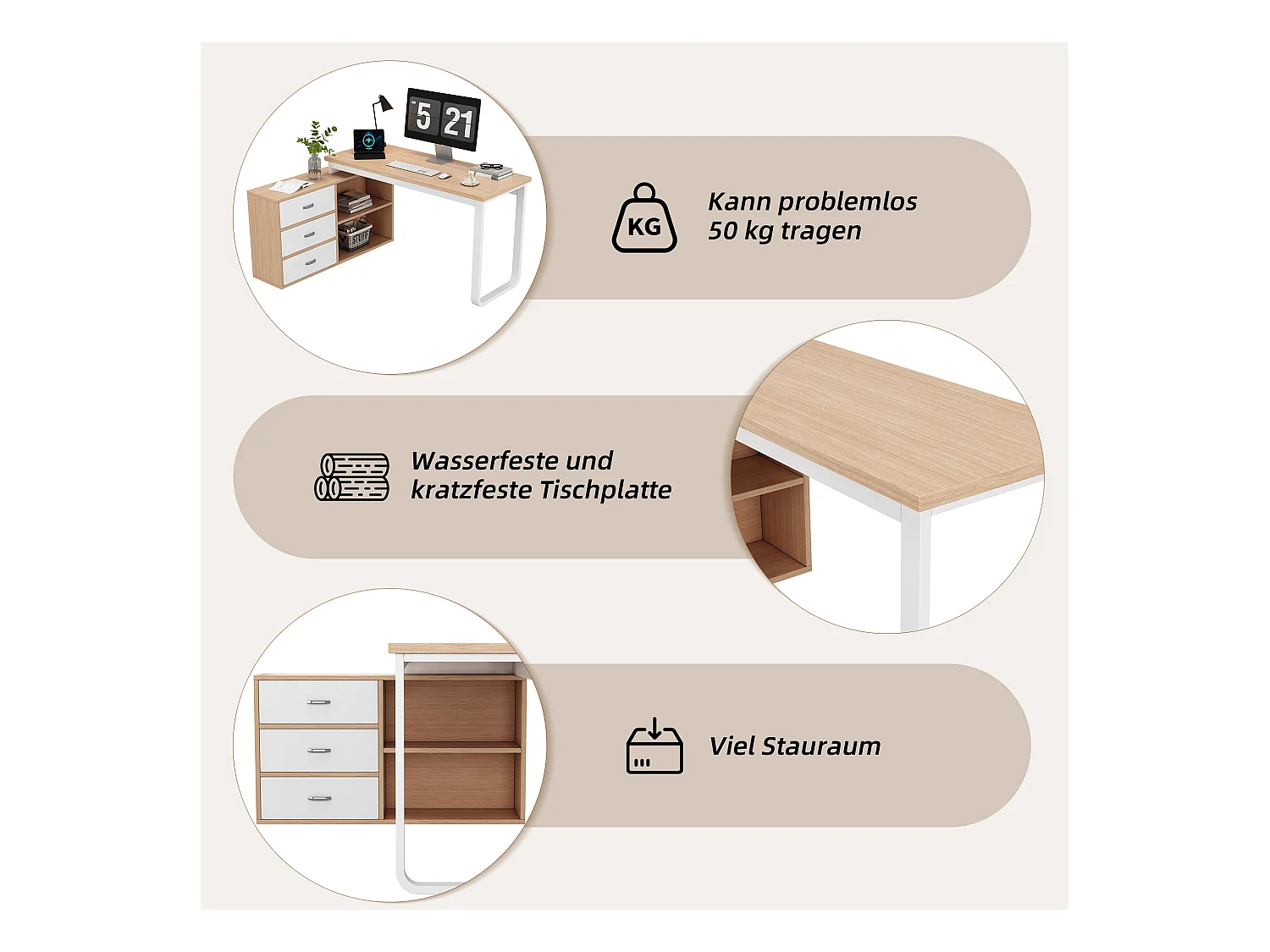 Bureau simple - 147 x 100 x 75 cn - avec 3 tiroirs + 2 rangements ouverts - MDF + Métal - naturel