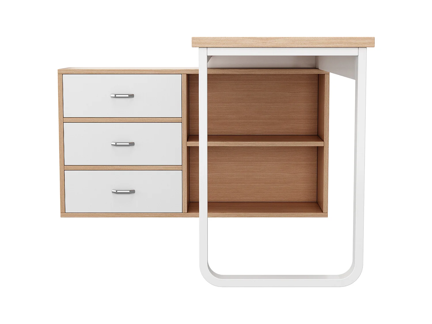 Bureau simple - 147 x 100 x 75 cn - avec 3 tiroirs + 2 rangements ouverts - MDF + Métal - naturel