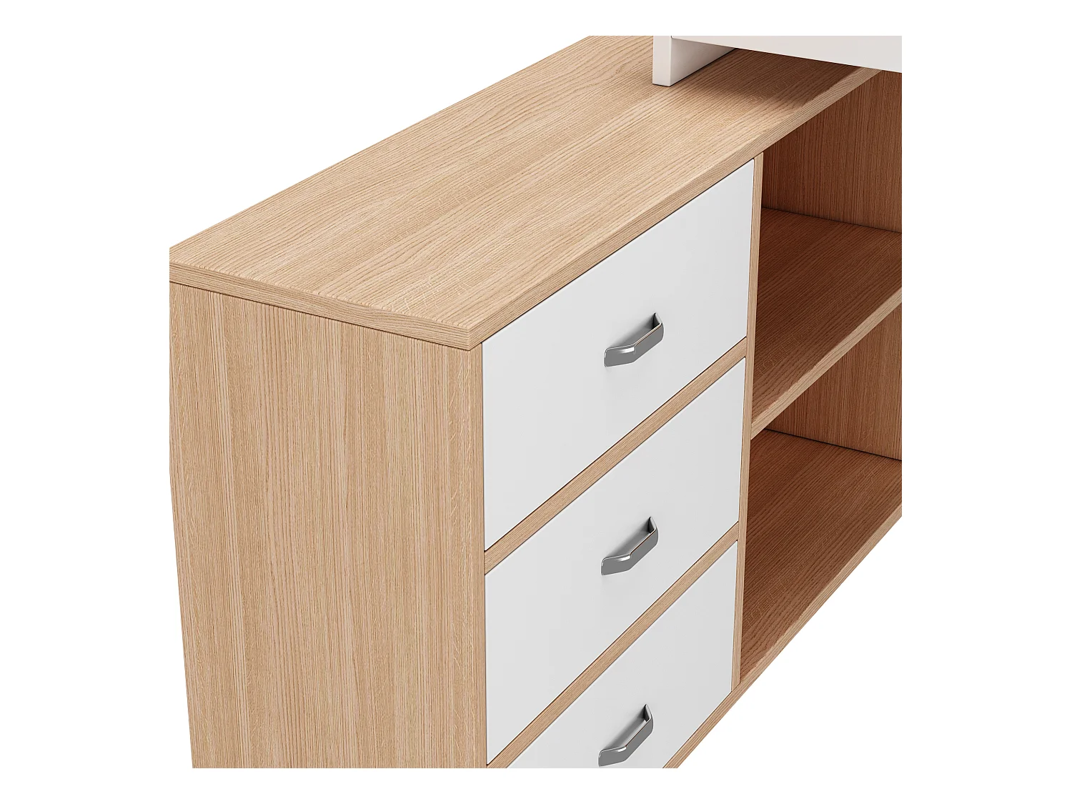 Bureau simple - 147 x 100 x 75 cn - avec 3 tiroirs + 2 rangements ouverts - MDF + Métal - naturel