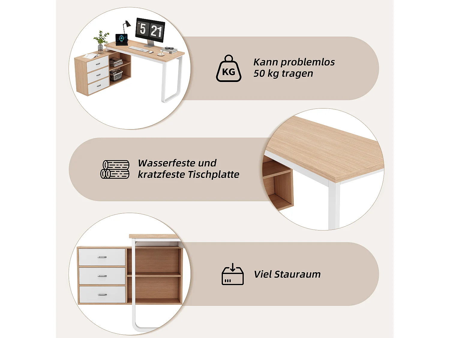 Bureau simple - 147 x 100 x 75 cn - avec 3 tiroirs + 2 rangements ouverts - MDF + Métal - naturel