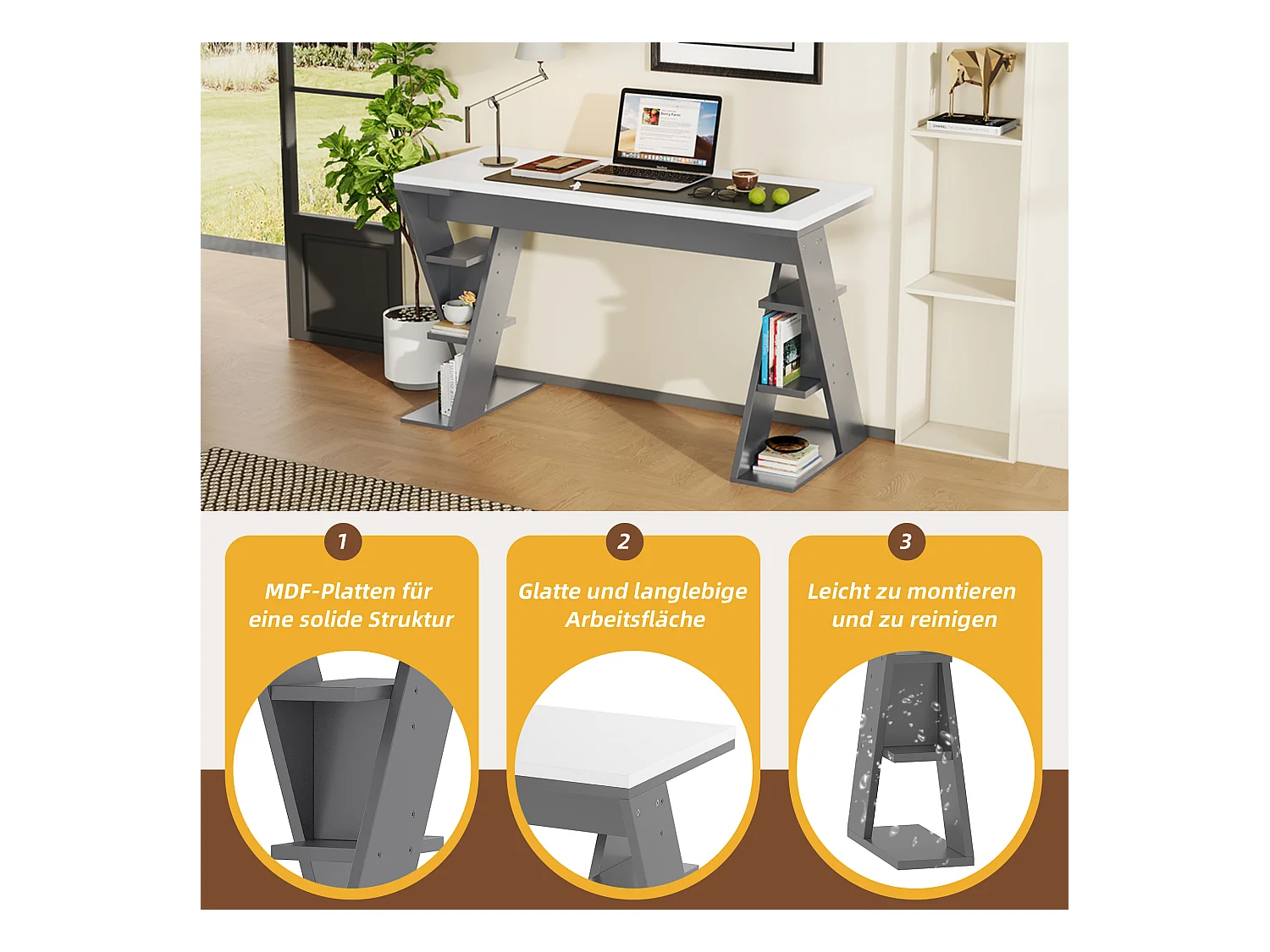 Bureau simple - 120 x 50 x 74 cm - 6 rangements - avec support en X - MDF - gris + blanc