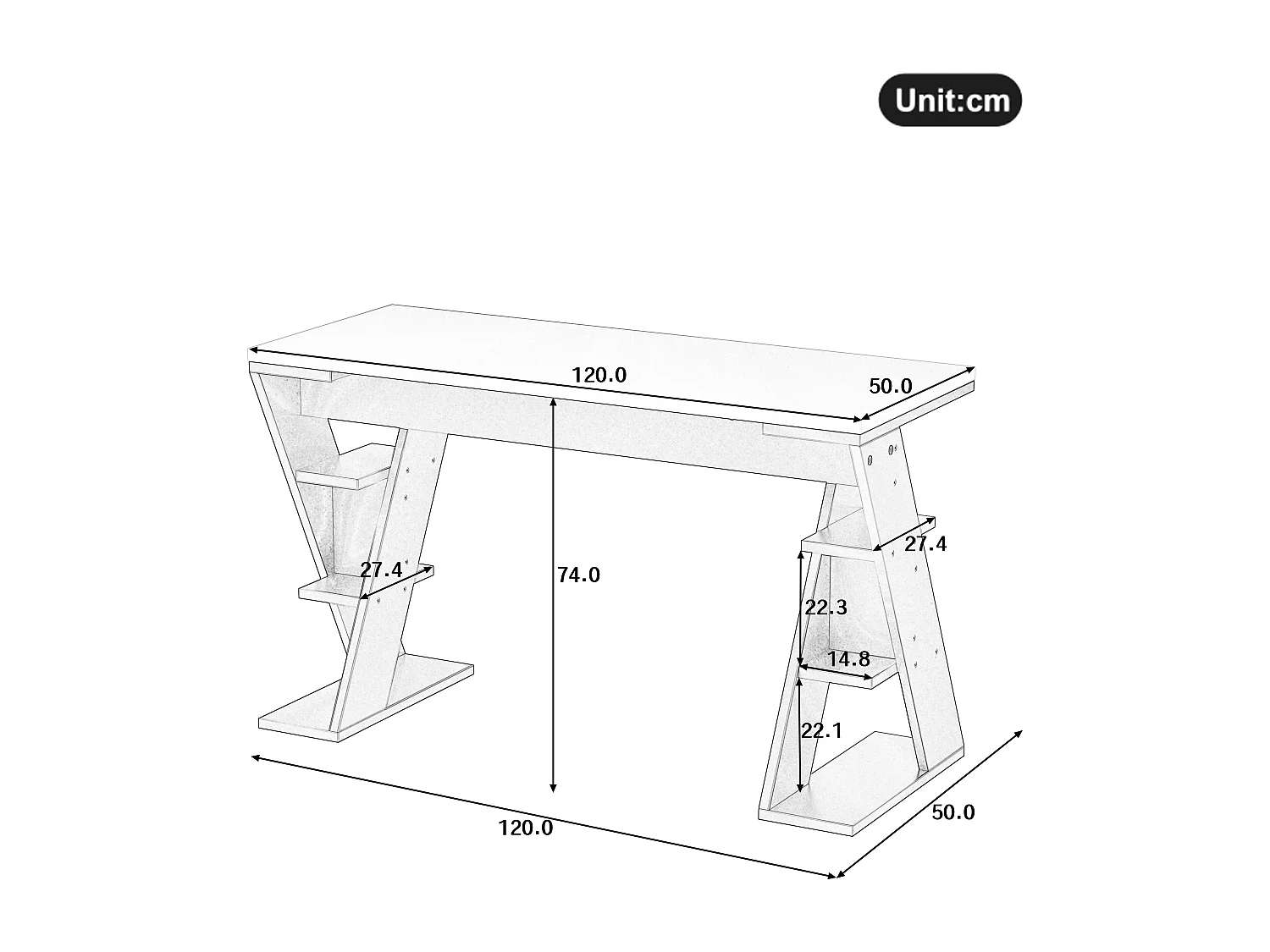 Bureau simple - 120 x 50 x 74 cm - 6 rangements - avec support en X - MDF - gris + blanc