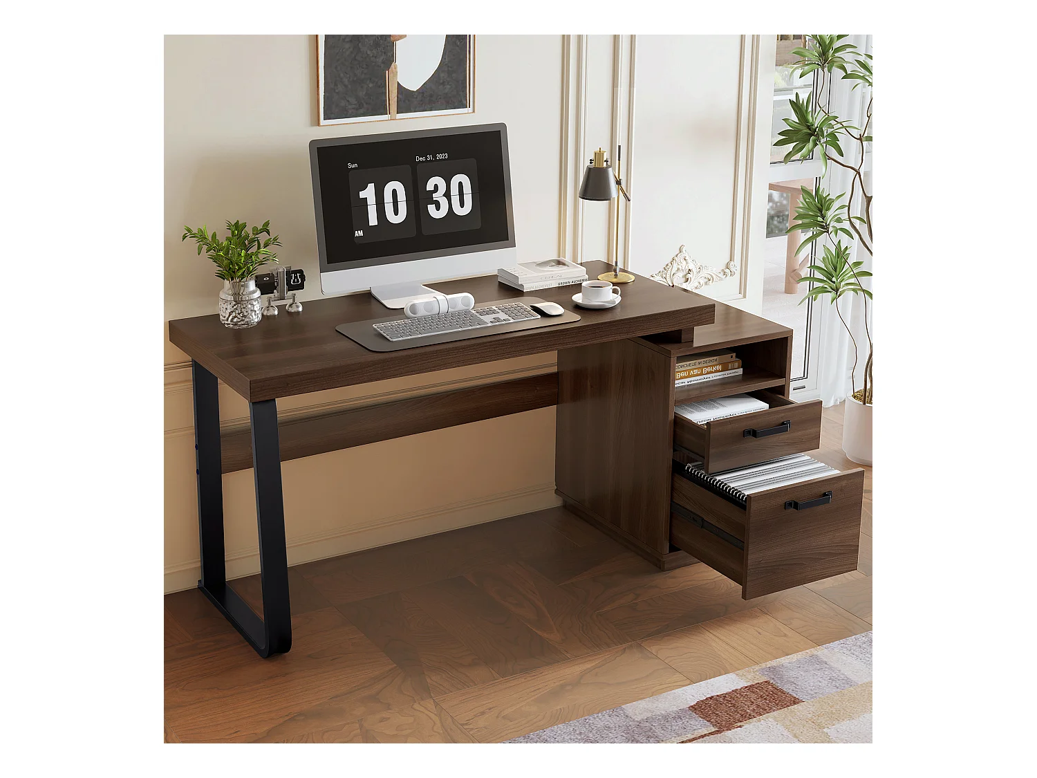 Bureau simple - 161 x 54 x 76 cm - avec 2 tiroirs silencieux - résistant aux éclaboussures - MDF + Métal - marron
