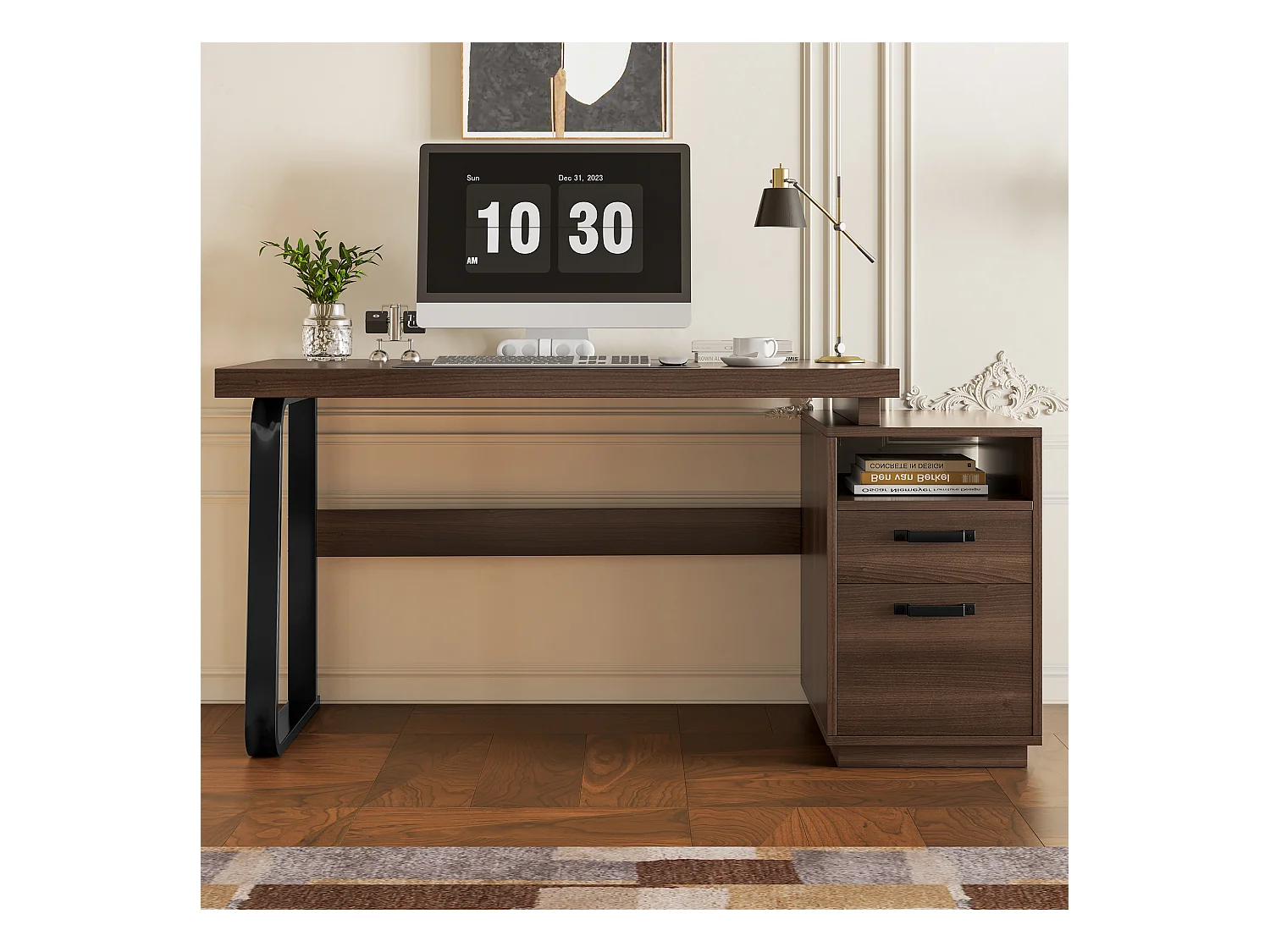 Bureau simple - 161 x 54 x 76 cm - avec 2 tiroirs silencieux - résistant aux éclaboussures - MDF + Métal - marron