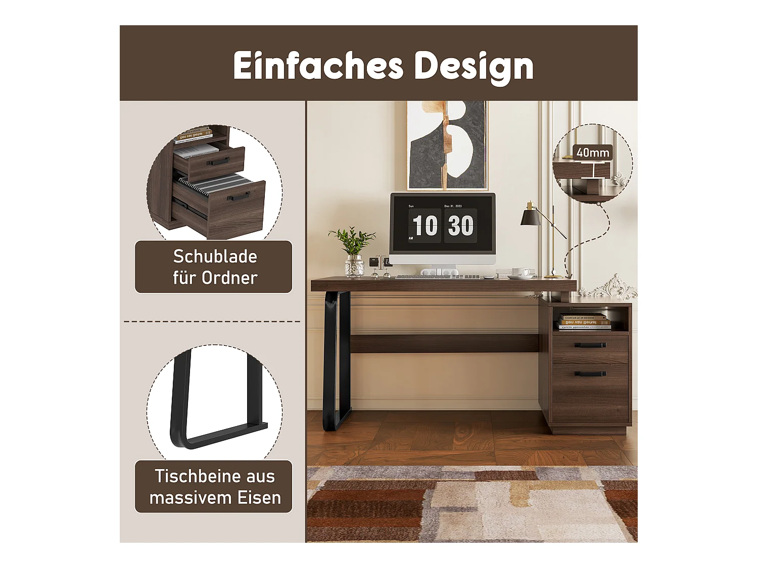 Bureau simple - 161 x 54 x 76 cm - avec 2 tiroirs silencieux - résistant aux éclaboussures - MDF + Métal - marron