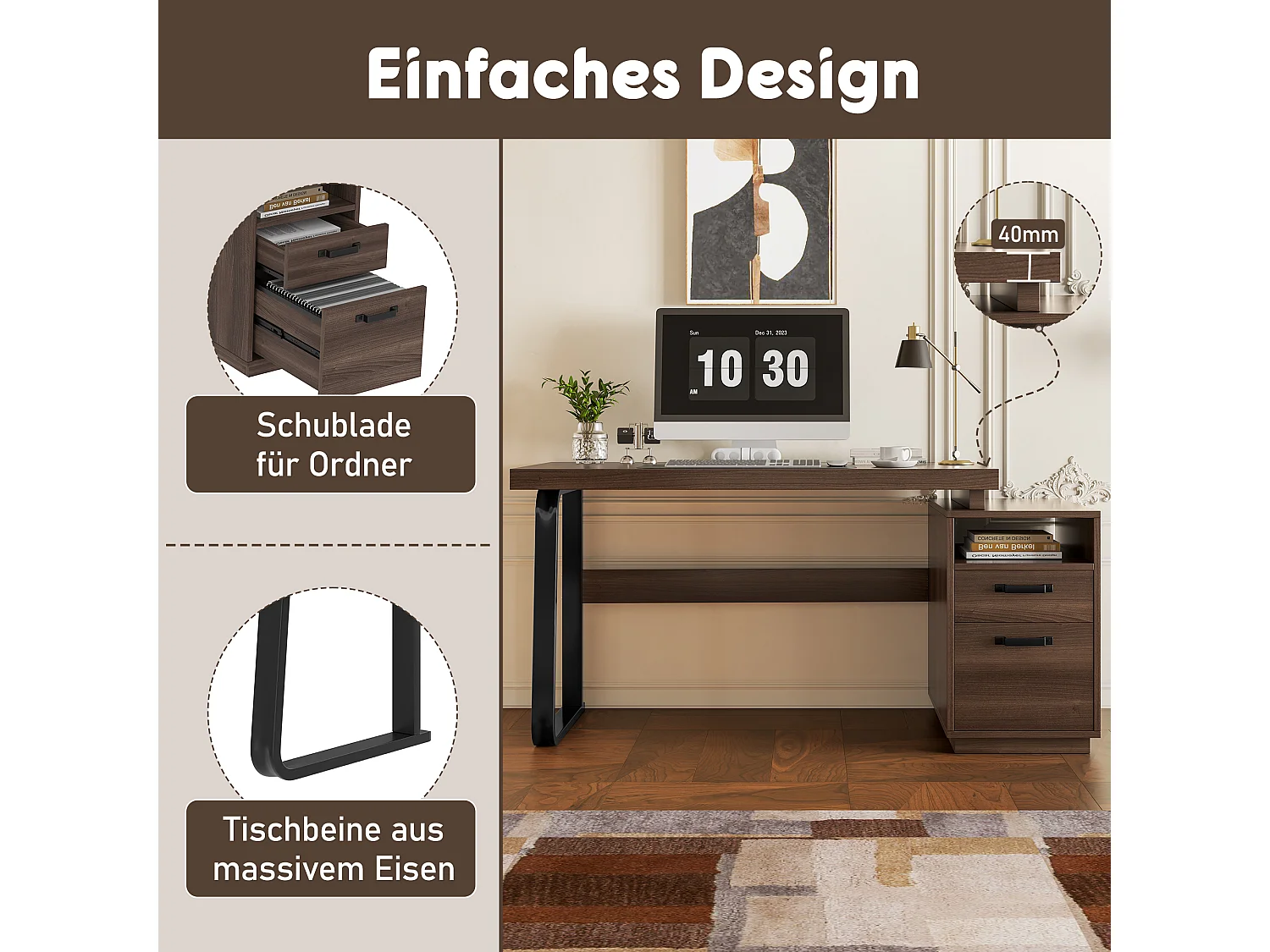 Enkel bureau - 161 x 54 x 76 cm - met 2 stille lades - spatwaterdicht - MDF + Metaal - bruin