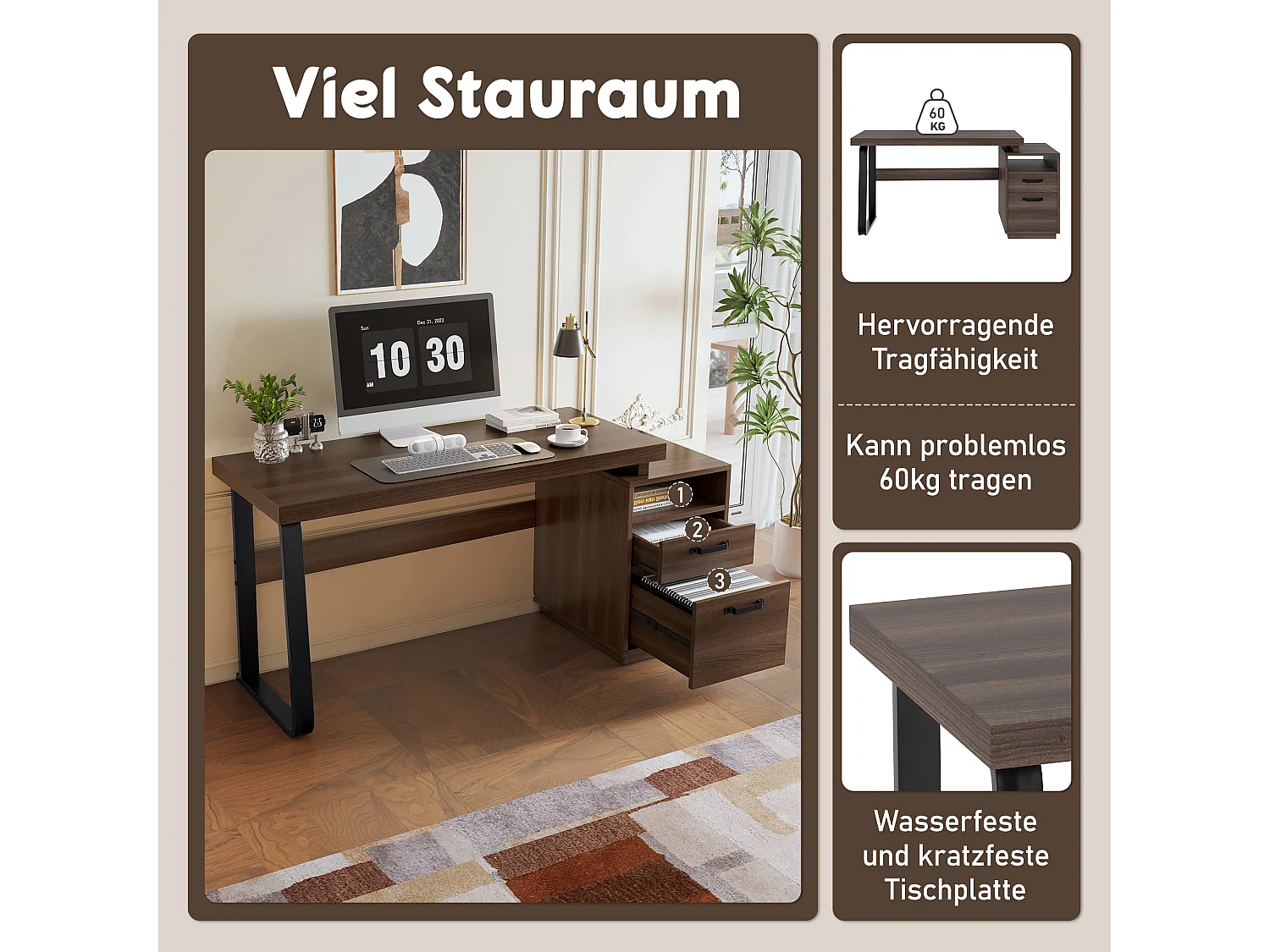 Enkel bureau - 161 x 54 x 76 cm - met 2 stille lades - spatwaterdicht - MDF + Metaal - bruin