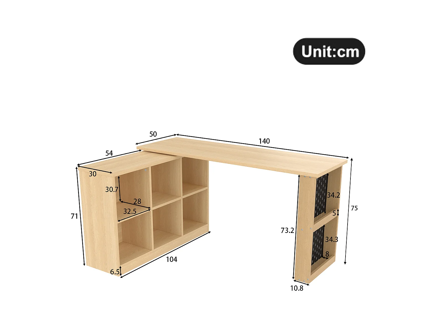 Table de bureau - 140 x 104 x 75 cm - avec 6 rangements + étagère - forme modifiable - MDF - naturel