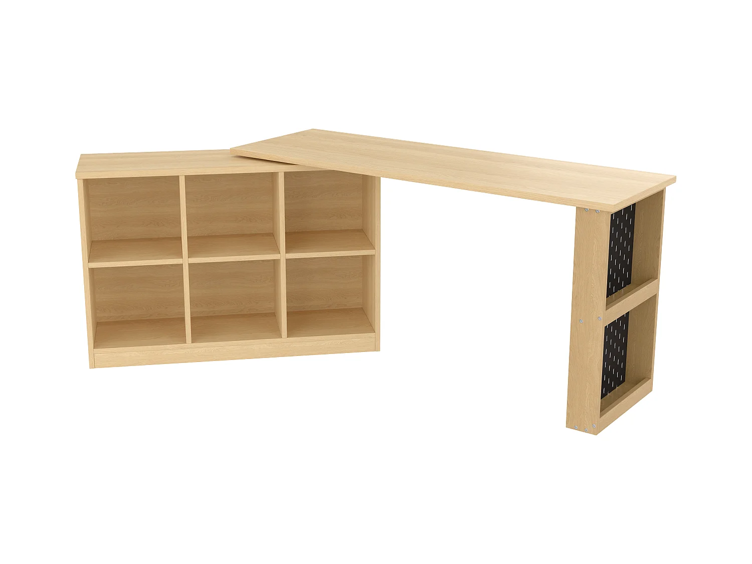 Table de bureau - 140 x 104 x 75 cm - avec 6 rangements + étagère - forme modifiable - MDF - naturel