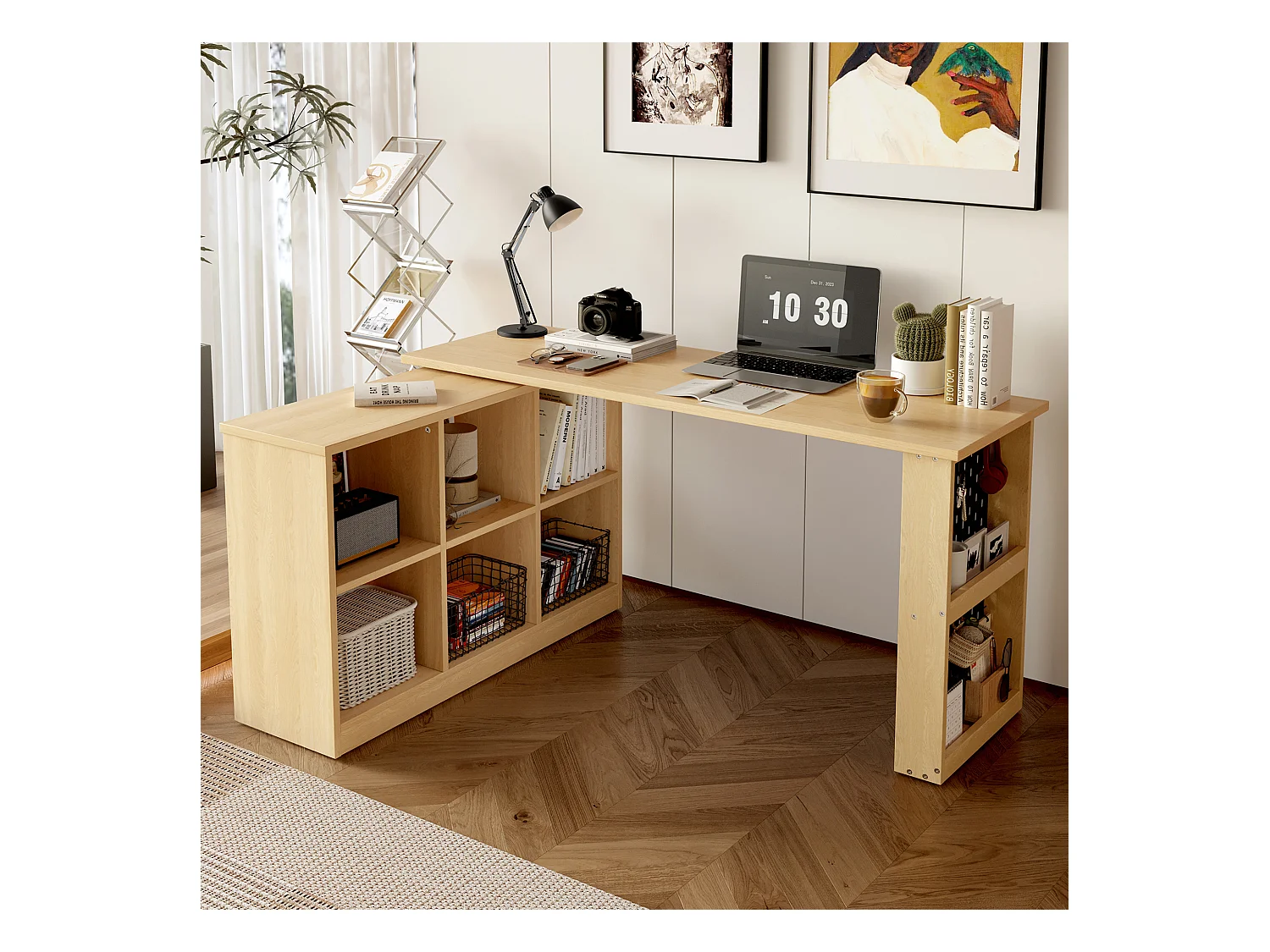 Bürotisch - 140 x 104 x 75 cm - mit 6 Ablagefächern + Ablage - formverstellbar - MDF - natur