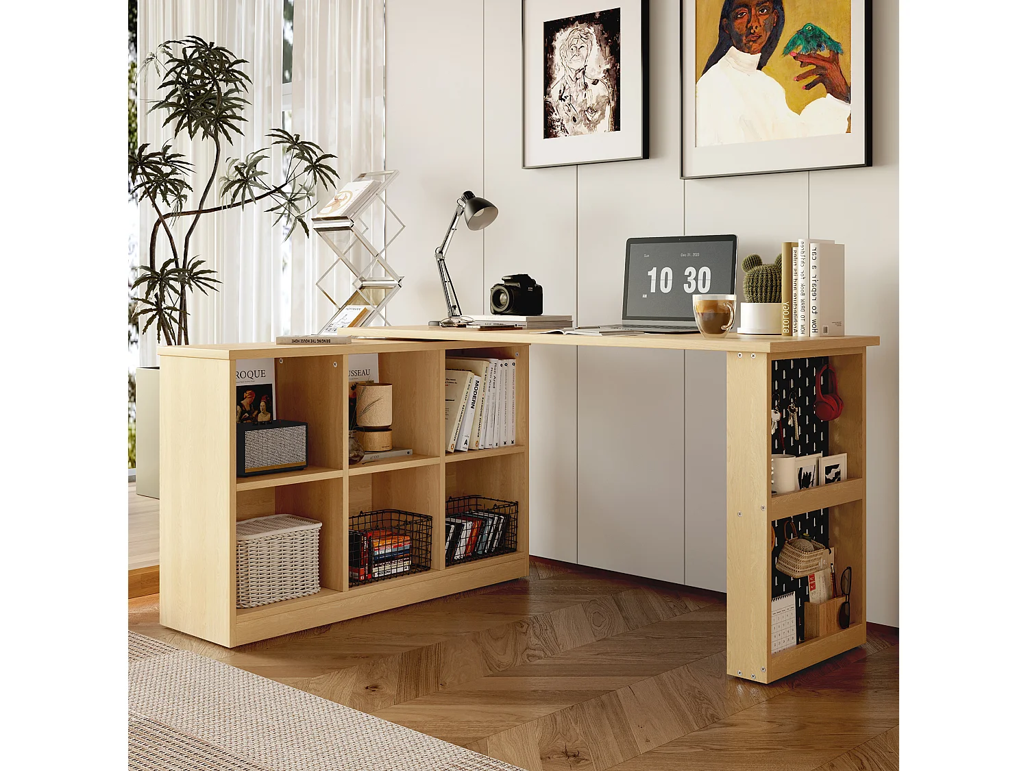 Table de bureau - 140 x 104 x 75 cm - avec 6 rangements + étagère - forme modifiable - MDF - naturel