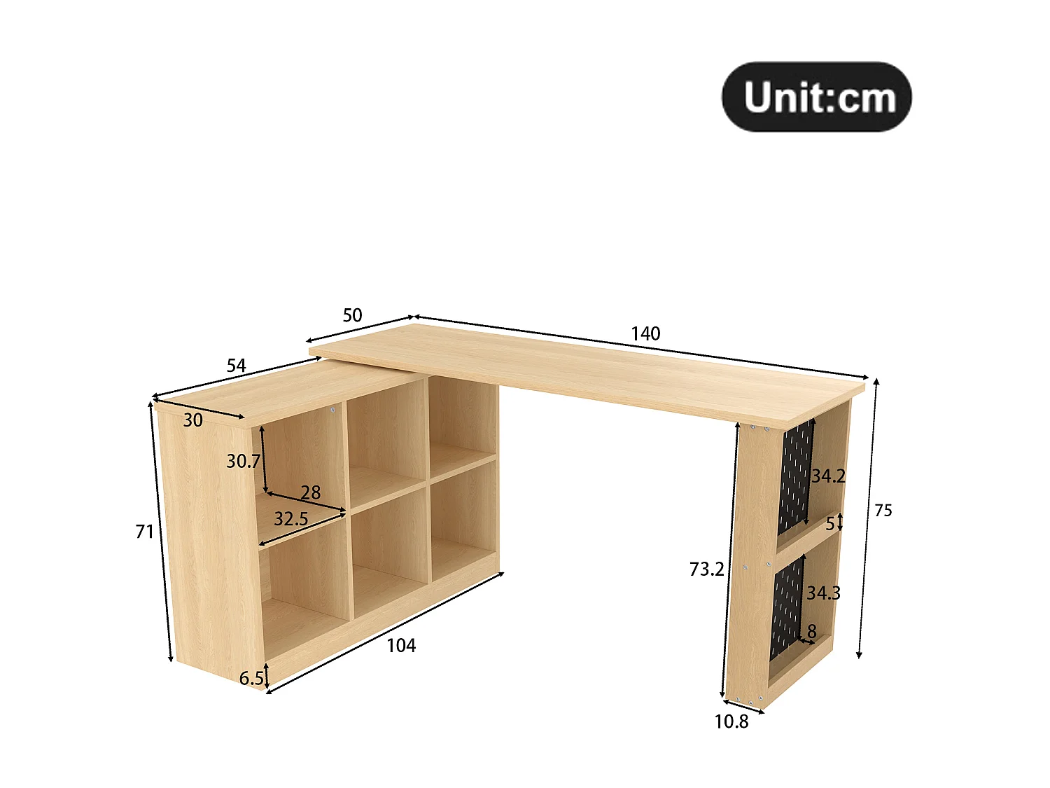 Table de bureau - 140 x 104 x 75 cm - avec 6 rangements + étagère - forme modifiable - MDF - naturel