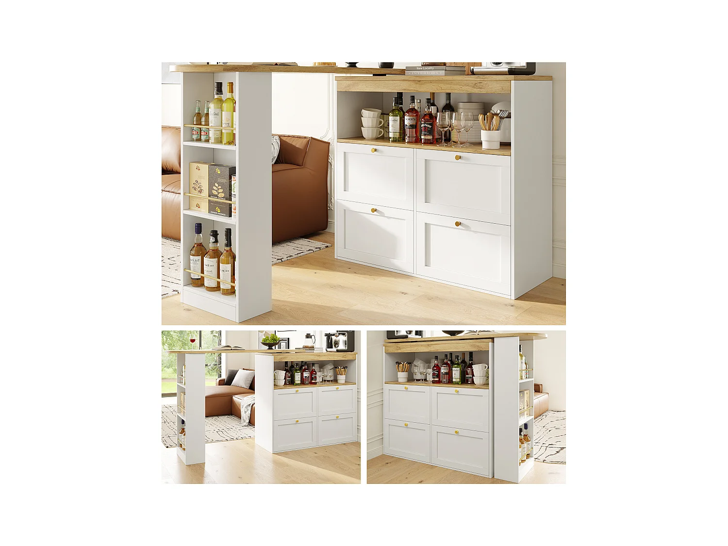 Meuble de bar rotative à 360° - 204 x 39 x 104 cm - avec 4 tiroirs + étagères ouvertes - MDF - blanc