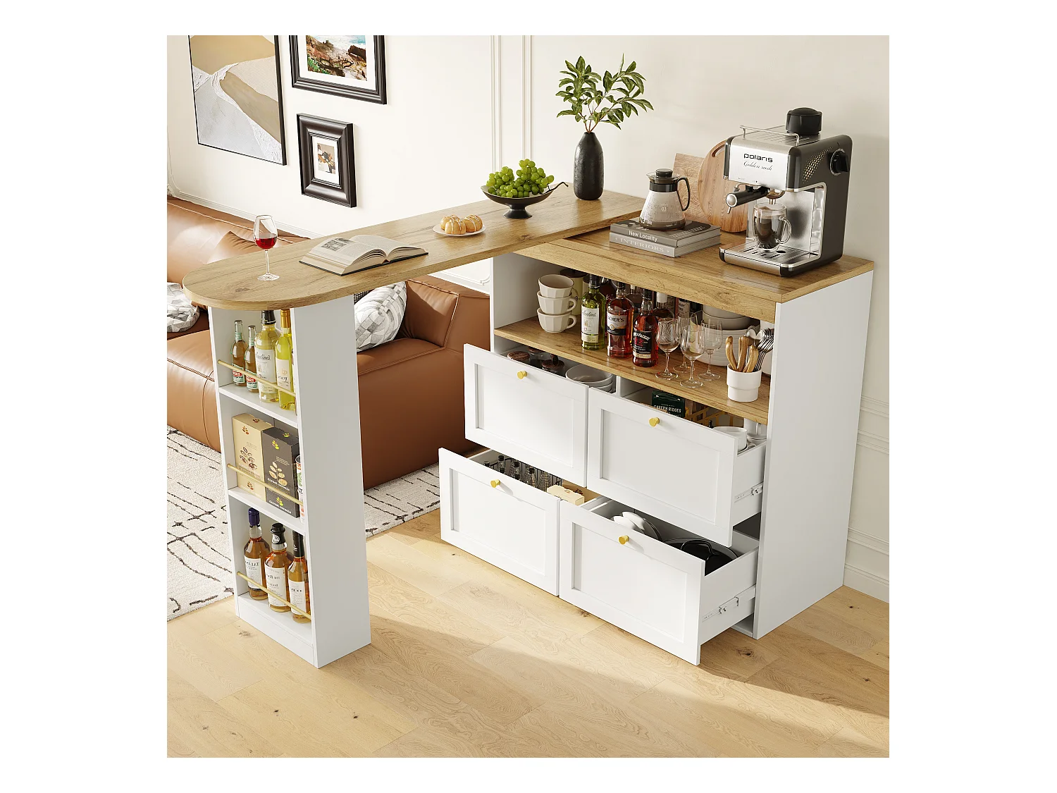 Meuble de bar rotative à 360° - 204 x 39 x 104 cm - avec 4 tiroirs + étagères ouvertes - MDF - blanc